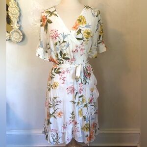 Loft Ivory wrap Dress w/ floral designs & ruffle short sleeves & hem Size 14